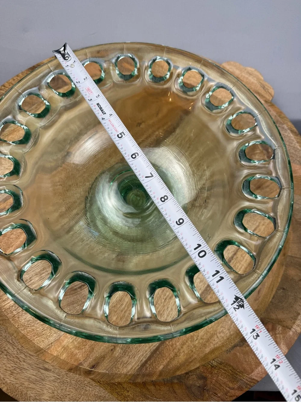 Vintage Green Glass Pedestal Console Bowl Open Lace Rim Cottagecore Decor
